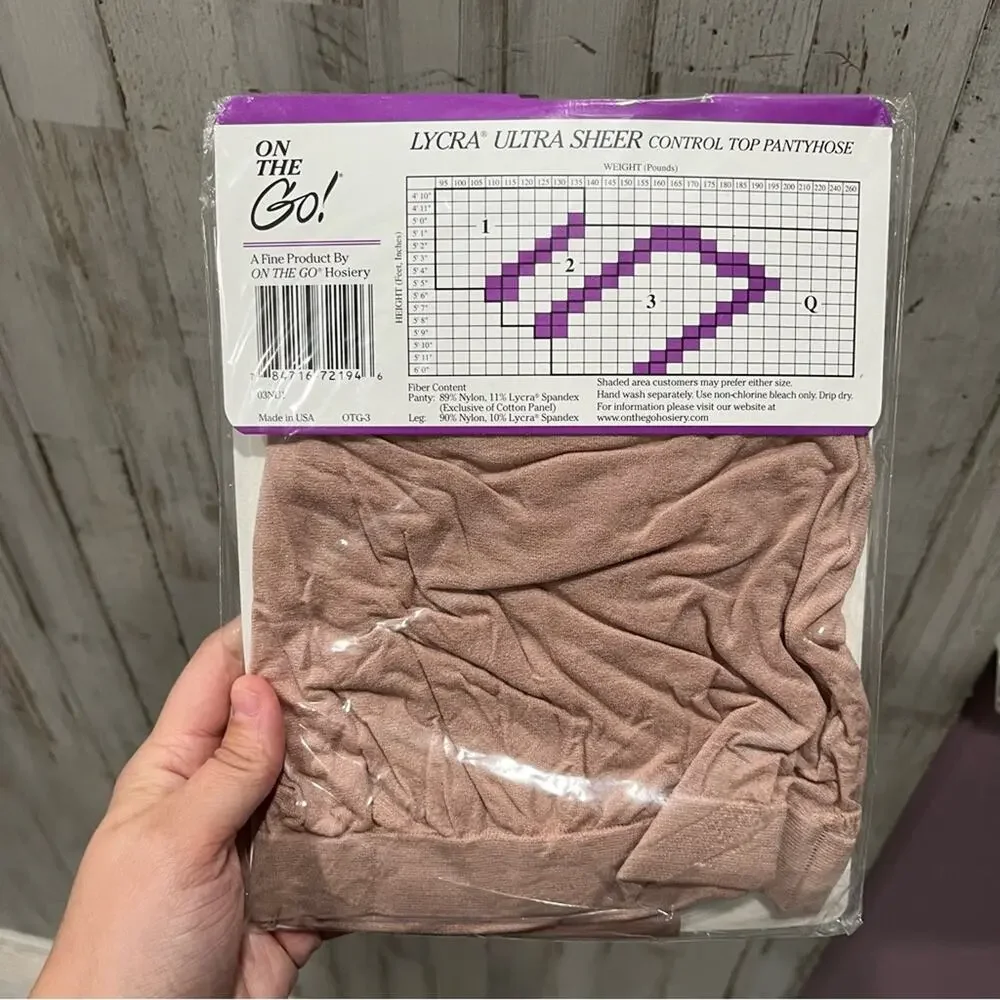New! On The Go! Lycra Ultra Sheer Pantyhose Size 1 Control Top Nude Made USA